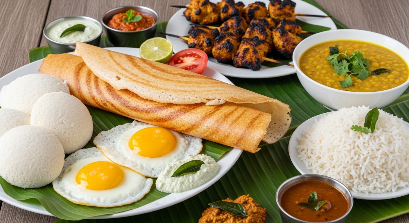 Healthy non-veg meal plan with idli, dosa, omelette, chicken kebab, and soup